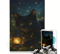 Puzzle da 1000 pezzi per adulti: gatto nero con lanterna nell'erba, antistress, decorazione perfetta, con poster e foglio di curiosità abbinati 50x75cm