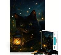 Puzzle da 1000 pezzi per adulti Gatto nero con lanterna nell'erba,gioco a incastro,idea regalo per stimolare la mente,momento di relax,divertimento per il compleanno 50x75cm