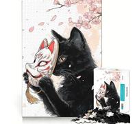 Puzzle da 1000 pezzi per adulti,gatto nero con maschera Kitsune,gioco di abilità,gioco di risoluzione dei problemi,divertimento rilassante,decorazione natalizia 50x75cm