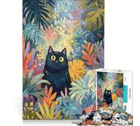 Puzzle da 1000 pezzi per adulti: Gatto nero curioso in una giungla fantastica e vibrante, gioco interattivo, decorazione da parete, adatto anche per la scrivania 50x75cm