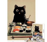 Puzzle da 1000 pezzi per adulti Gatto nero e festa del sushi Giocattolo Decorazione da parete Opera d'arte Regalo Gioco pratico Migliora l'amore tra coppie Dimensioni 38x26cm