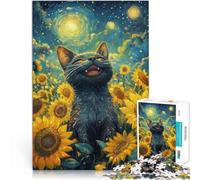 Puzzle da 1000 pezzi per adulti Gatto nero felice nel campo di girasoli per età pari o superiore a 14 anni Giochi divertenti Attività divertenti a casa, regali di compleanno, regali di viaggio