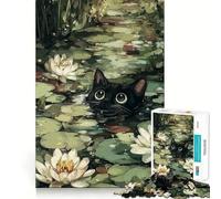 Puzzle da 1000 pezzi per adulti Gatto nero in uno stagno di ninfee,gioco di logica a incastro perfetto,divertente giocattolo,gioco gratuito,regalo di compleanno (38x26cm)