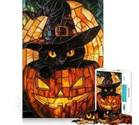 Puzzle da 1000 pezzi per adulti,gatto nero in zucca,effetto vetrata,gioco di logica,regalo per stimolare la mente,momento di relax,divertimento per il compleanno 38x26cm