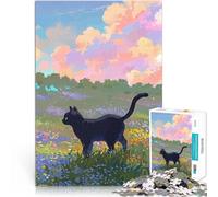 Puzzle da 1000 pezzi per adulti Gatto nero nel campo di fiori Per il divertimento in famiglia con poster abbinato e foglio di quiz 38x26cm