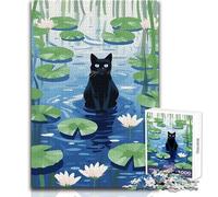 Puzzle da 1000 pezzi per adulti Gatto nero nello stagno delle ninfee Accogliente e rilassante Divertimento per il tempo libero Giocattolo di alta precisione senza cuciture Dimensioni 50x75cm