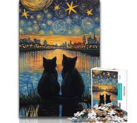 Puzzle da 1000 pezzi per adulti, gatto nero sotto il cielo notturno, gioco educativo per famiglie, decorazione da parete, regali unici per compleanno e Natale, 50x75cm