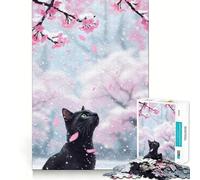 Puzzle da 1000 pezzi per adulti Gatto nero sotto la neve dei ciliegi in fiore Gioco di precisione con bordi perfetti,stimolante per la mente,gioco rilassante,illustrazione di una scena natalizia