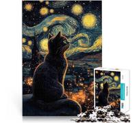 Puzzle da 1000 pezzi per adulti Gatto nero sotto la notte stellata Difficile e sfidante Decorazione murale Regali unici per compleanno e Natale 38x26cm
