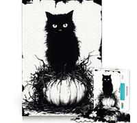 Puzzle da 1000 pezzi per adulti Gatto nero su zucca durante Halloween Gioco divertente e stimolante per la logica e il tempo libero,con soggetto natalizio 38x26cm
