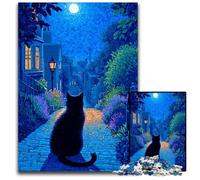 Puzzle da 1000 pezzi per adulti "Gatto sulla strada di notte" Puzzle in legno dal design intricato per adolescenti, decorazioni fai da te e divertimento che stimola il cervello Dimensioni: 50x75cm