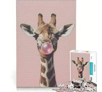 Puzzle da 1000 pezzi per adulti: giraffa che soffia una bolla di gomma rosa, gioco divertente, stimolante da completare, per rafforzare l'amore tra le coppie 38x26cm