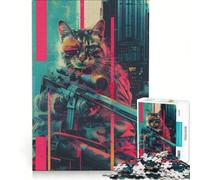 Puzzle da 1000 pezzi per adulti: Il gatto cecchino cyberpunk gioco rompicapo assemblaggio di modelli per rafforzare l'amore tra le coppie 38x26cm