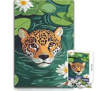 Puzzle da 1000 pezzi per adulti, illustrazione di un giaguaro in uno stagno di ninfee, rilassante, per il tempo libero, preciso, ad incastro, di precisione, giocattolo, dimensioni 38x26cm