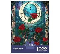 Puzzle da 1000 pezzi per adulti, in vetro colorato con rose e luna, da toccare, decorazione per la casa, regali unici per compleanno e Natale, 52 x 38 cm, 1000 pezzi