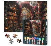 Puzzle da 1000 pezzi, per adulti, incantevole biblioteca della foresta di fiori, magica scena fantasiosa, puzzle artistico per gli amanti dei libri e degli amanti della natura, grande 27,5 x 19,7
