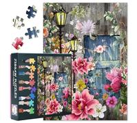 Puzzle da 1000 pezzi per adulti - Lanterna da strada vintage e fiori fioriti, 70 x 50 cm, sofisticato gioco di puzzle con motivo primaverile naturale per la decorazione da parete