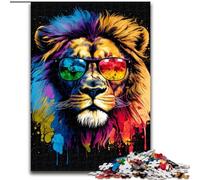 Puzzle da 1000 pezzi per adulti, leone colorato con occhiali, in legno, idea regalo per le feste, opera d'arte umoristica, opera d'arte dettagliata 50x75cm per compleanno, festa, Natale, Halloween