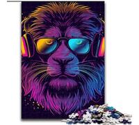 Puzzle da 1000 pezzi per adulti Leone con cuffie e occhiali da sole Puzzle in legno dimensioni 50x75cm Perfetto per adolescenti, per creare legami familiari, rompicapo e regalo fai da te per la casa