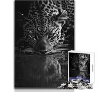 Puzzle da 1000 pezzi per adulti Leopardo che beve acqua Bianco e nero Rilassati durante il tempo libero Taglio netto Senza cuciture Interlock Giocattolo Dimensioni 38x52cm