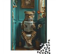 Puzzle da 1000 pezzi per adulti, leopardo seduto sul water che legge un giornale, puzzle in legno per adulti, il miglior regalo per amici e familiari, 1000 pezzi (75x50 cm)