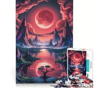 Puzzle da 1000 pezzi per adulti Luna rossa su lago di montagna gioco rilassante taglio di precisione adatto per la decorazione della scrivania 50x75cm