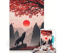 Puzzle da 1000 pezzi per adulti: Lupo che ulula sotto un sole rosso e un albero giocattolo educativo sfida impegnativa collezione d'artista belle arti 50x75cm