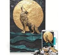 Puzzle da 1000 pezzi per adulti, Lupo dorato che ulula sotto il cielo illuminato dalla luna, gioco impossibile, analisi e logica, rafforza l'amore tra le coppie 38x52cm