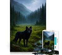 Puzzle da 1000 pezzi per adulti,Lupo nero nella foresta nebbiosa Gioco di squadra stimolante,risolve problemi,offre momenti di divertimento rilassante,ideale come decorazione natalizia 38x26cm