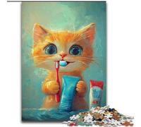 Puzzle da 1000 pezzi per adulti, motivo: gatto arancione che si lava i denti, in legno, ideale come regalo di compleanno o per le feste, gioco da tavolo, dimensioni: 50 x 75cm