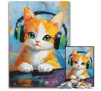 Puzzle da 1000 pezzi per adulti, motivo: gatto che ascolta musica, in legno, per il divertimento in famiglia, adatto come decorazione da scrivania per bambini dai 14 anni in su, 50x75cm