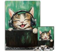 Puzzle da 1000 pezzi per adulti, motivo: gatto che ascolta musica, in legno, per il divertimento in famiglia, adatto come decorazione da scrivania per bambini dai 14 anni in su, 50x75cm