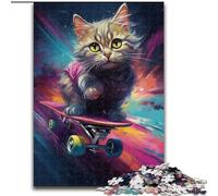 Puzzle da 1000 pezzi per adulti, motivo: gatto che fa skateboard, perfetto come decorazione fai da te o regalo di compleanno, dimensioni: 26x38cm