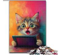 Puzzle da 1000 pezzi per adulti, motivo: gatto che gioca con il computer, in legno, regalo di Natale per adolescenti, antistress, fantastico per la famiglia, dimensioni: 50 x 75cm
