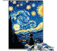 Puzzle da 1000 pezzi per adulti, motivo: gatto e cielo notturno di Van Gogh, in legno, idea regalo per le feste, opera d'arte umoristica, disegno dettagliato, dimensioni 50X75cm