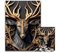 Puzzle da 1000 pezzi per adulti, motivo: Re Cervo dorato in stile Art Déco, in cartone, ideale per gli innamorati, perfetto regalo di Natale, Capodanno e San Valentino, 26x38cm/10,23x14,96 pollici.