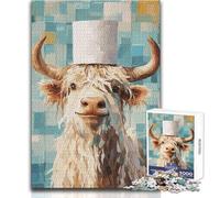Puzzle da 1000 pezzi per adulti, mucca con cappello di carta igienica, dipinto, tempo libero calmo e piacevole, giocattolo di precisione avanzato, dimensioni 50x75cm