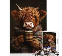 Puzzle da 1000 pezzi per adulti mucca delle Highlands con caffè caldo decorazione per la casa giocattoli ottimo regalo per giochi rilassanti migliorare l'amore tra coppie dimensioni 38x52cm