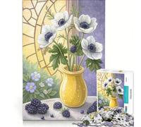 Puzzle da 1000 pezzi per adulti natura morta floreale con anemoni bianchi e more gioco divertente analisi e logica adatto come decorazione da scrivania 38x26cm