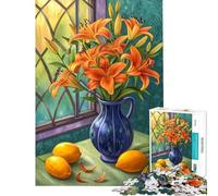 Puzzle da 1000 pezzi per adulti natura morta floreale con gigli arancioni e limoni difficile e stimolante per divertimento in famiglia gioco divertente per ragazzi dai 14 anni in su (50x75cm)