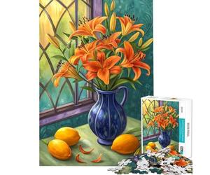 Puzzle da 1000 pezzi per adulti natura morta floreale con gigli arancioni e limoni difficile e stimolante per divertimento in famiglia gioco divertente per ragazzi dai 14 anni in su (50x75cm)