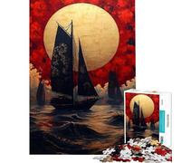 Puzzle da 1000 pezzi per adulti: Navigazione sotto una luna dorata paesaggio giapponese Puzzle antistress per adulti migliora la memoria stimolante da completare (dimensioni 38x52cm)