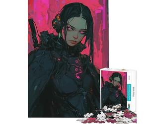 Puzzle da 1000 pezzi per adulti Neon Enforcer - Ragazza Cyberpunk con cuffie Giocattolo avvincente per coltivare la pazienza Gioco rompicapo per divertimento in famiglia Regalo per donne e uomini