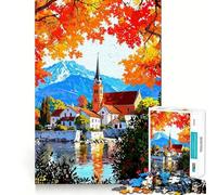 Puzzle da 1000 pezzi per adulti,paesaggio autunnale con villaggio e chiesa,taglio premium,gioco stimolante per la mente,pace e divertimento,compleanno,gioco artistico (50x75cm)