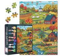 Puzzle da 1000 pezzi per adulti, paesaggio autunnale della fattoria con fienile rosso, colline ondulate e ruscello sereno, puzzle da 1000 pezzi per adulti, accogliente arte autunnale di campagna (69,8