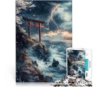 Puzzle da 1000 pezzi per adulti Paesaggio marino tempestoso con porta Torii Fatto di carta，per età pari o superiore a 14 anni Antistress Vacanza a casa Uccidere il tempo Giochi Giocattoli Regalo。