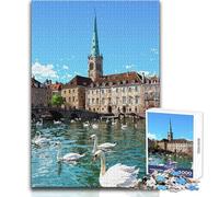 Puzzle da 1000 pezzi per adulti Paesaggio urbano di Zurigo con cigni sul fiume Limmat Rilassante e calmante Hobby da interno Giocattolo per il tempo libero dalla vestibilità perfetta 38x52cm
