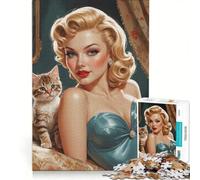 Puzzle da 1000 pezzi per adulti, pin-up bionda con gattino carino, gioco rompicapo, difficile, per migliorare l'amore tra le coppie 50x75cm