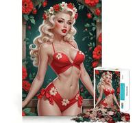 Puzzle da 1000 pezzi per adulti,pin-up bionda in bikini floreale rosso,con bordi netti,gioco di logica,gioco di inattività,decorazione natalizia 38x26cm
