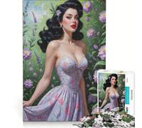 Puzzle da 1000 pezzi per adulti, pin-up bruna con fiori viola, gioco impossibile, per divertimento in famiglia, compleanno e Natale, 38x52cm
